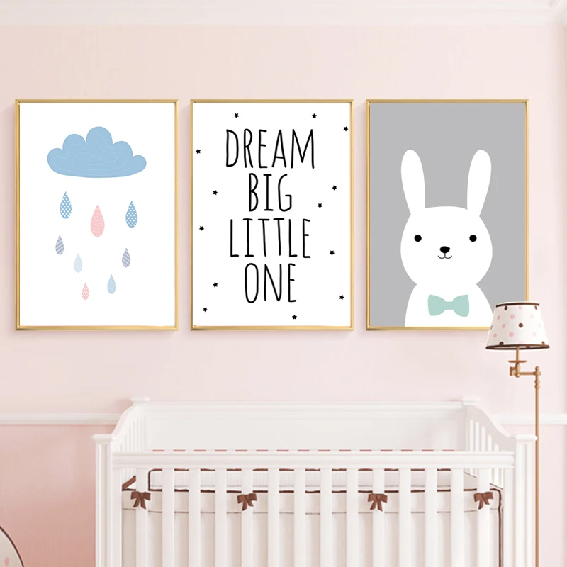 

Dream Big Nursery Canvas Nordic Kids Room Cartoon Poster Rabbit Wall Art Cartoon Rain Canvas Painting Poster Print Unframed