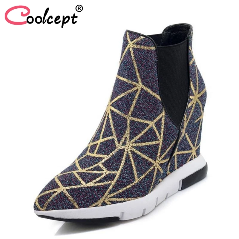 

Coolcept Women Ankle Boots Platform Bling Mixed Color Winter Shoes Woman Fashion Elastic Round Toe Wedge Footwear Size 34-39