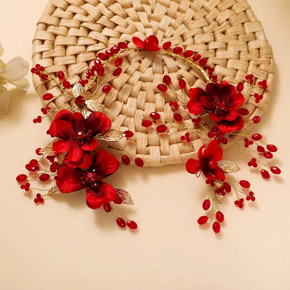 Свадебная красная повязка на голову, украшение для волос, бисер, пряжа, цветок, ручная работа, головные уборы, женские вечерние Украшения Ободок