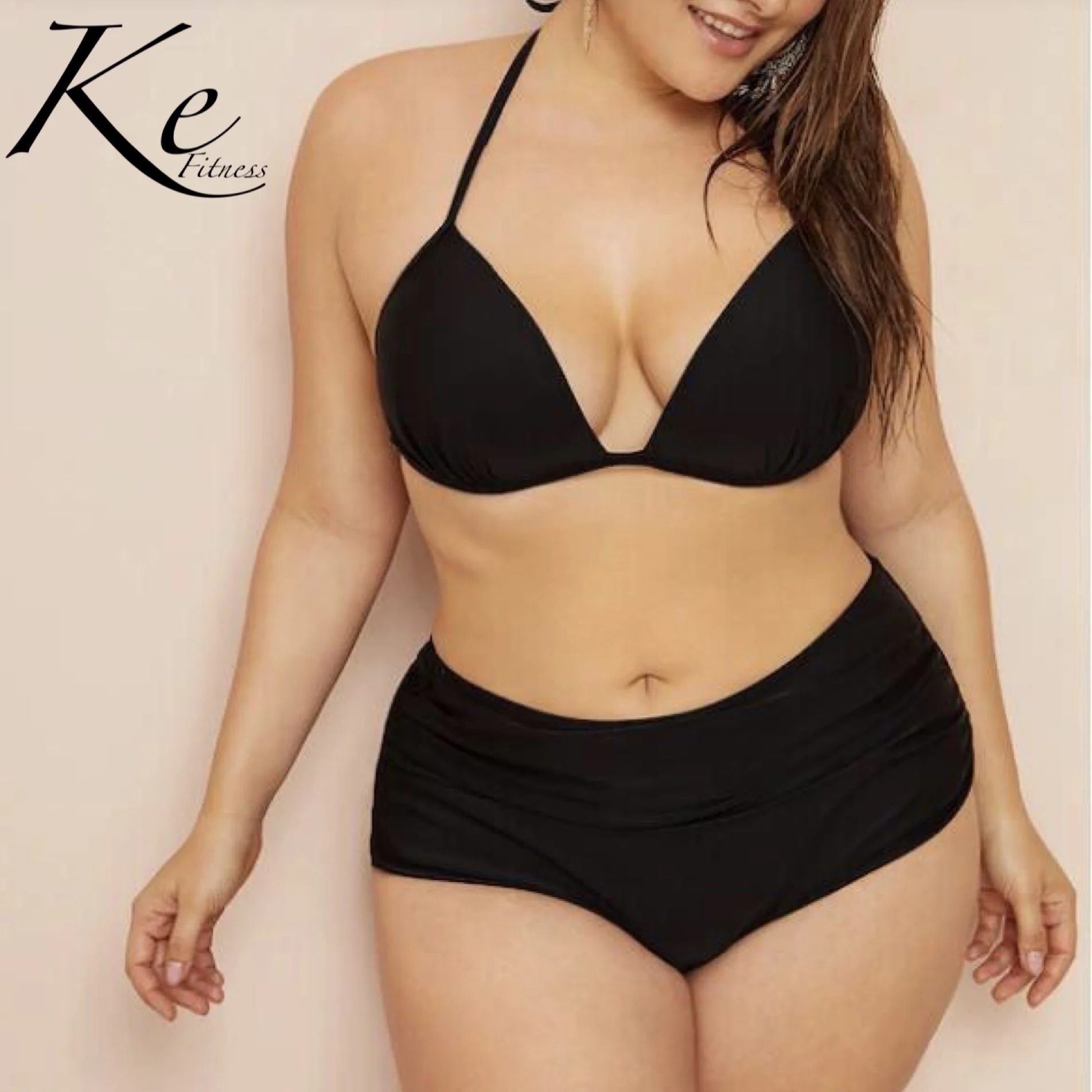 

KE large size bikini 2 pieces fat woman to increase solid color tie hanging neck sexy swimwear plus size bigsize with pad