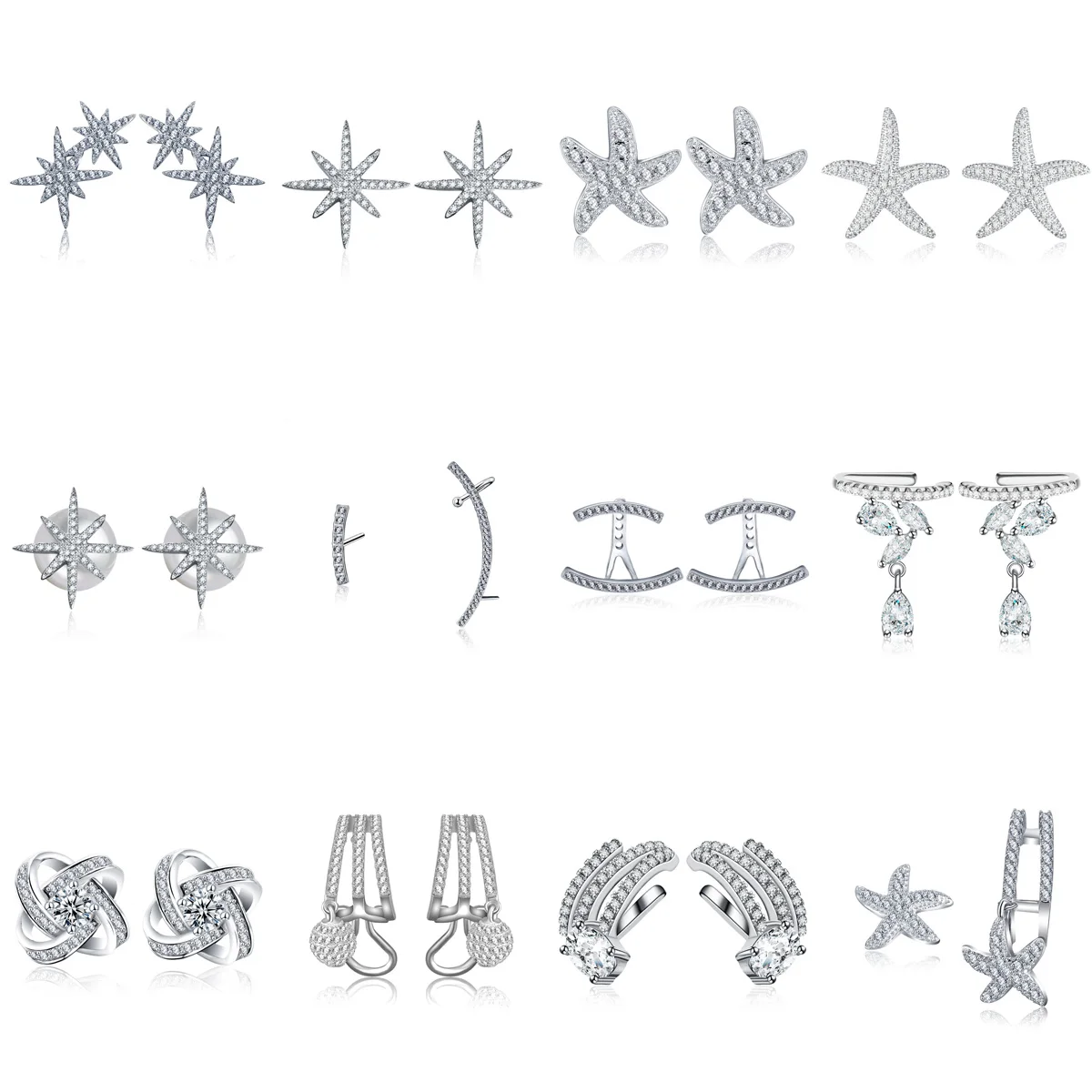 

12 Style 925 Sterling Silver Earrings Star Starfish Flower Studs Earring for Women Jewelry