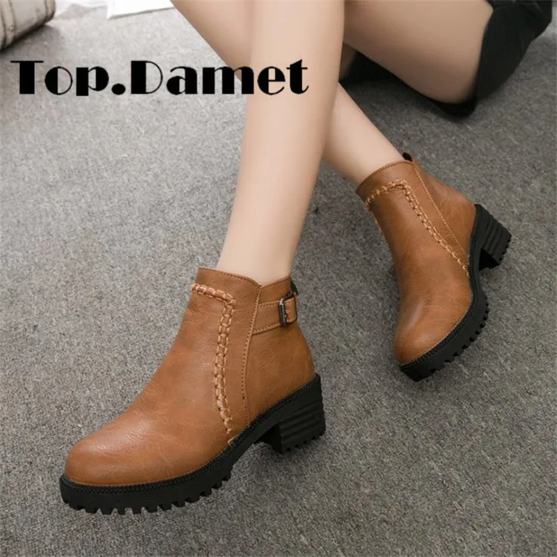 Top.Damet Boots Women Spring Autumn Winter Solid Color Square Block Heel Zip Ankle Short Footwear Ladies Shoes | Обувь