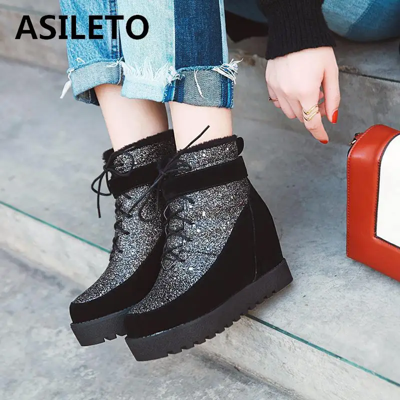 ASILETO/популярные ботильоны; женские ботинки; зимние ботинки на платформе с мехом; женская обувь на шнуровке; женская теплая обувь; обувь из хлопка; S806