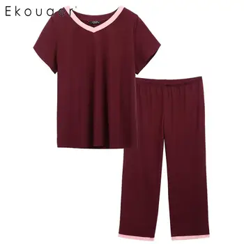 

Ekouaer Plus Size Pajamas Set Women Summer Sleepwear Suit Loose Short Sleeve Patchwork V-Neck T-shirts Pajama Sleepwear XL-5XL
