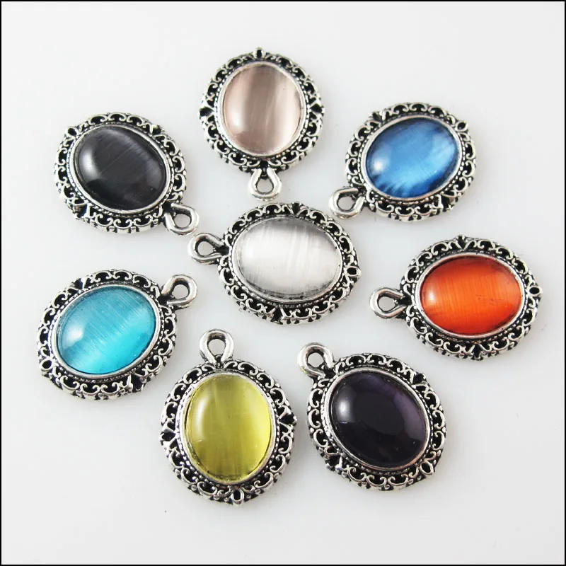 

8Pcs Mixed Retro Tibetan Silver Cat Eye Stone Oval Charms Pendants 13.5x18mm