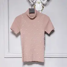 Брендовые Модные женские роскошные Осенние футболки с высоким воротником и короткими рукавами, с жемчужинами, с короткими рукавами, футболки, топы