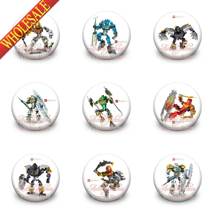 

Guarantee 100% 9pcs Super heros Bionicle 1.2 inches & 30mm Tin Buttons Pins Badges Brooches Round Badges fashion Christmas Gift