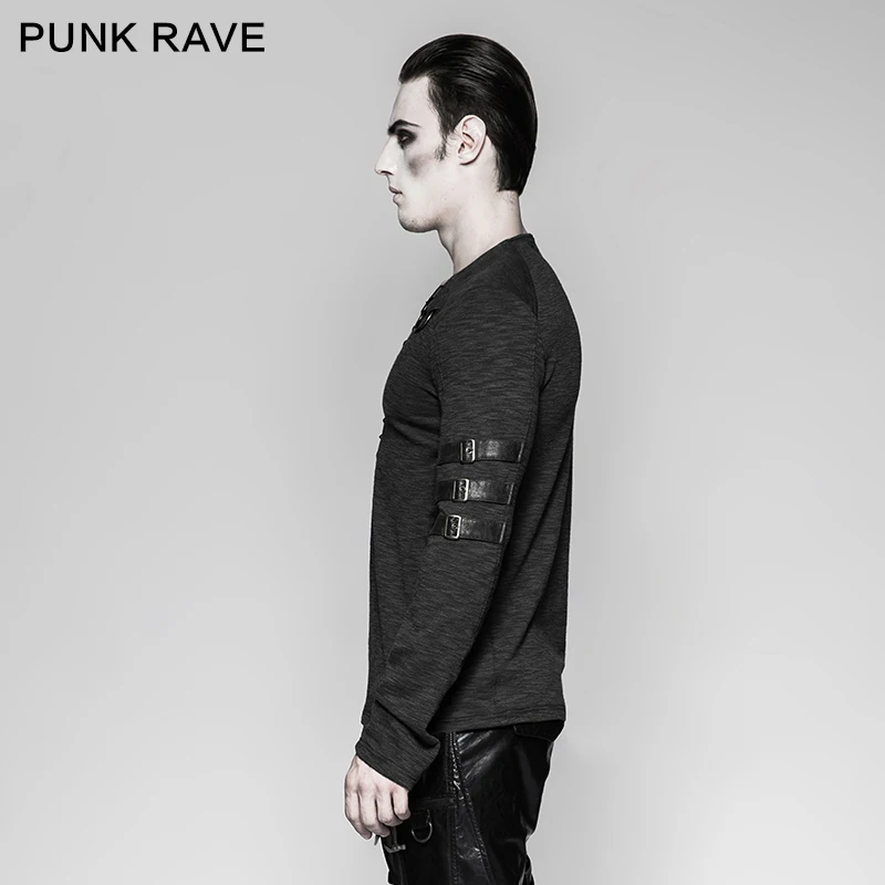 Готическая модная мужская черная футболка в стиле стимпанк рок, футболка с длинным рукавом со шнуровкой, Панк рейв T-462