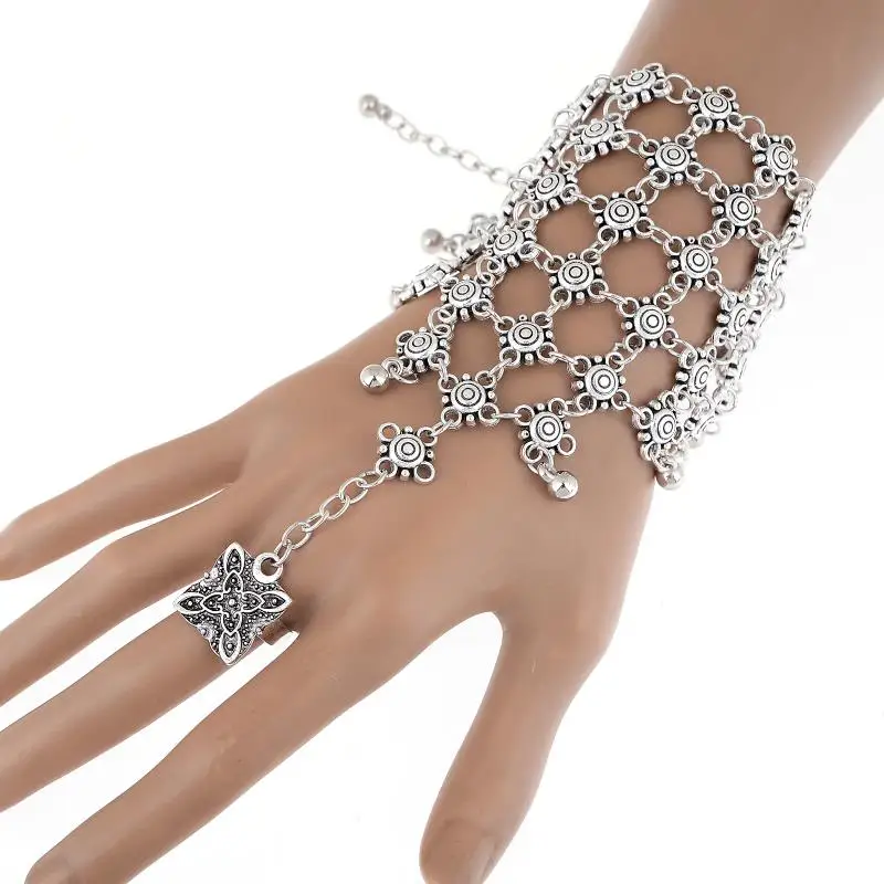 Мода серебристый оттенок Slave ручка браслет, соединенный с кольцом на пальце ручной работы цыганский Бохо-стиль Этнические браслеты для Для женщин Винтаж ювелирные изделия