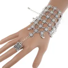 Мода серебристый оттенок Slave ручка браслет, соединенный с кольцом на пальце ручной работы цыганский Бохо-стиль Этнические браслеты для Для женщин Винтаж ювелирные изделия