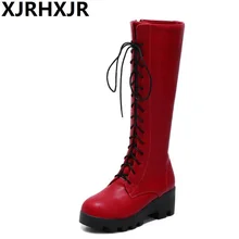 XJRHXJR/красные, черные, белые сапоги до колена женская обувь модные высокие сапоги из PU искусственной кожи с ремешками для костюмированной вечеринки женская обувь на высоком каблуке 34-43