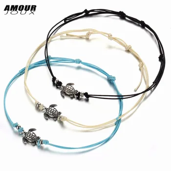 AMOURJOUX Summer Beach Turtle Charm Rope String Anklets For Women Ankle Bracelet Woman Sandals On the Leg Chain Foot Jewelry