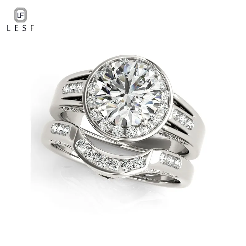 

LESF 1.9 CT Cubic Zirconia Round Cut 925 Sterling Silver 2Pcs Ring Sets For Women Wedding Engagement Band Classic Jewelry Gifts