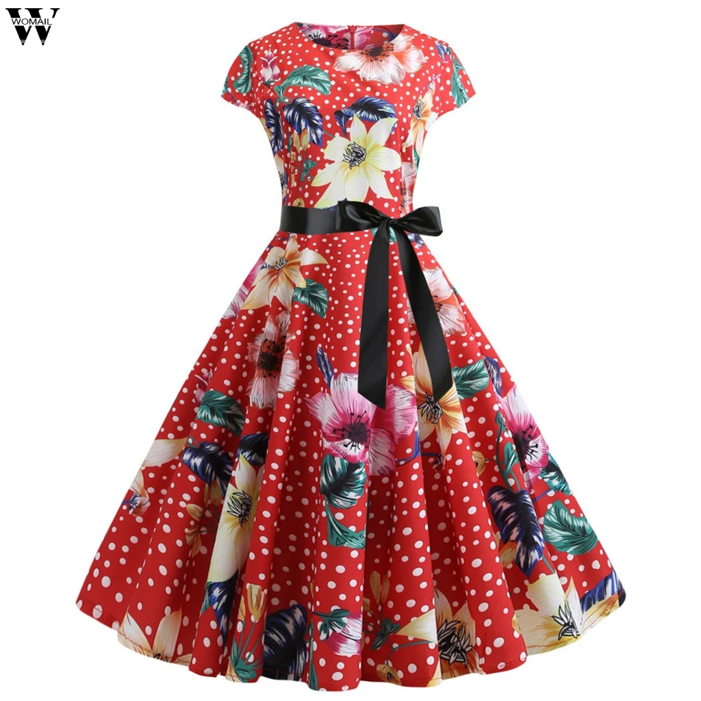 Floral Print Women Summer Dress 2019 Hepburn 1950s 60s Retro Swing