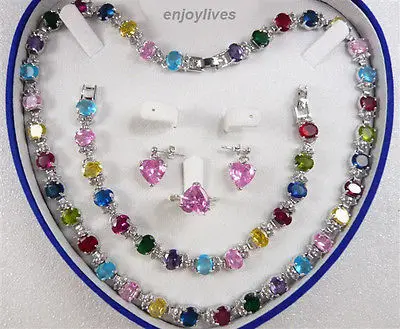 

FREE SHIPPINGMultocolor Cubic Zirconia Crystal WGP Ring Earrings Bracelet Necklace Set