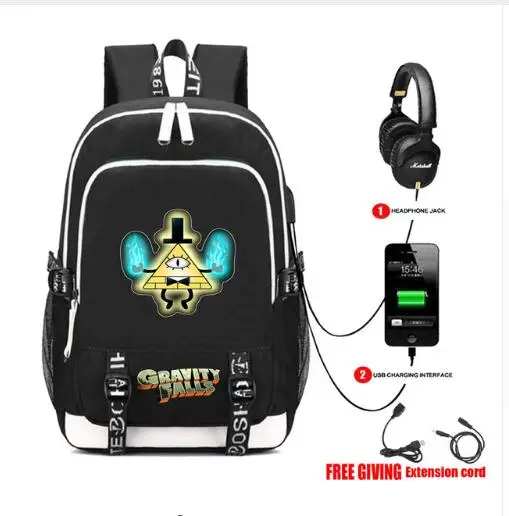 

USB Charging Headphone jack Teenagers Schoolbag Unisex Travelbag Laptop Rucksack Anime Gravity Falls Bill backpack 7 styles
