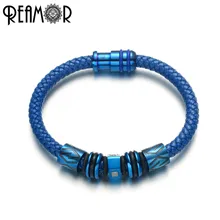 REAMOR трендовые мужские браслеты-манжеты ювелирные изделия синий браслет из натуральной кожи 316l нержавеющая сталь бусины браслеты с магнитной застежкой
