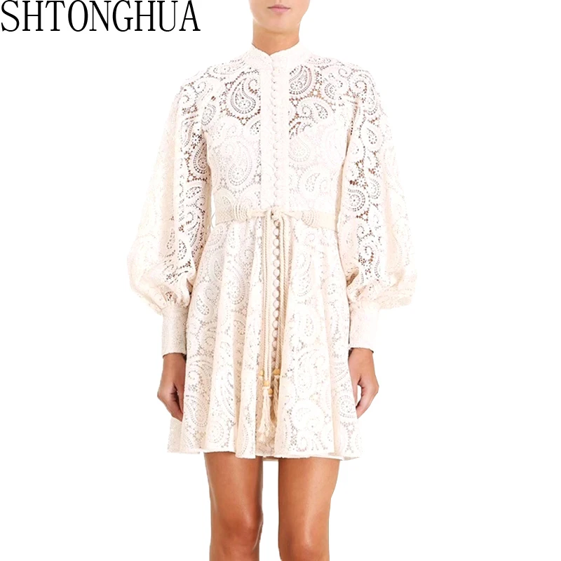 

SHTONGHUA Brand Designer Floral Embroidery Dress 2019 Autumn Women Hollow Out Lantern Sleeve bandage Tassel Lace Up Mini Dress