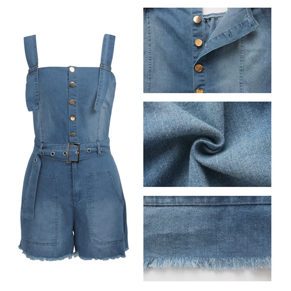Women's Fashion Summer New Sexy Deep V Straps Jumpsuits Shorts Tassel Blue Denim Jumpsuits bodysuits for Women with Belt S-2XL Women's Fashion Summer New Sexy Deep V Straps Jumpsuits Shorts Tassel Blue Denim Jumpsuits bodysuits for Women with Belt S-2XL