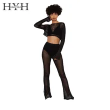 HYH Haoyihui 2019 New Arrival Sexy Pure Color Autumn Knit See-through Collar Short Midriff Super Long Sleeve Sweater For Women trendy long sleeve high low see through pure color blouse for women