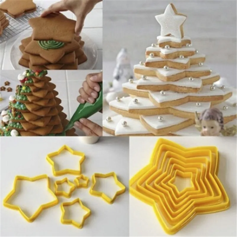 

Newcomdigi 6pcs/Lot 3D Christmas Cookie Cutter Five-pointed Star Baking Fondant Cookie Cake Mold