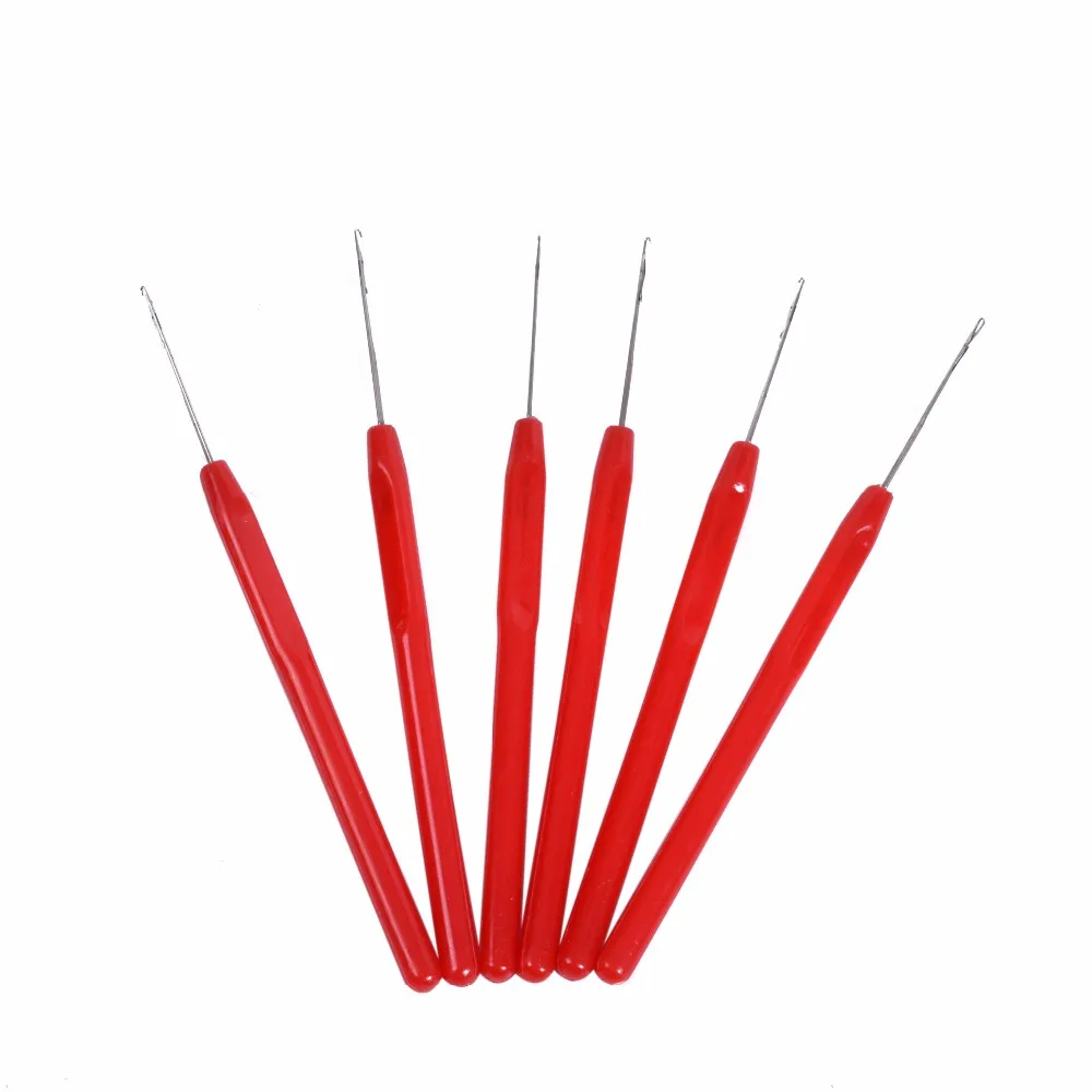 6pcs colore rosso manico in plastica gancio infila ago anello tirare ago strumenti di estensione dei capelli per Micro anello estensione dei capelli