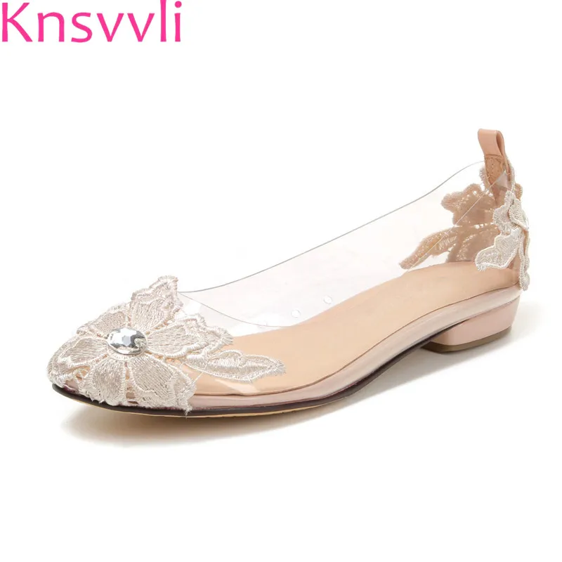 

Knsvvli Crystal Shoes Woman Spring Summer Lace Shallow Mouth Rhinestone Leather Mat Transparent Flat Shoes Lady