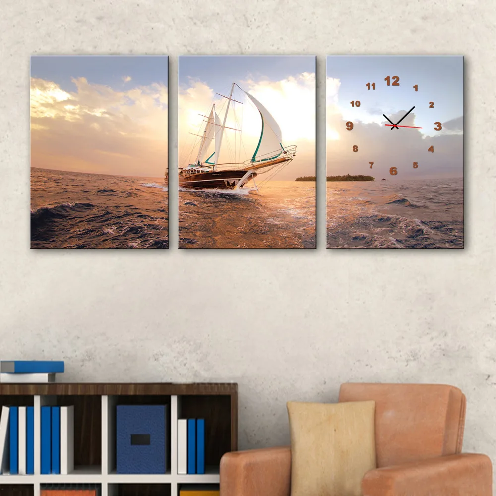 

Free Shipping E-HOME Sea Sailing Clock in Canvas 3pcs wall clock