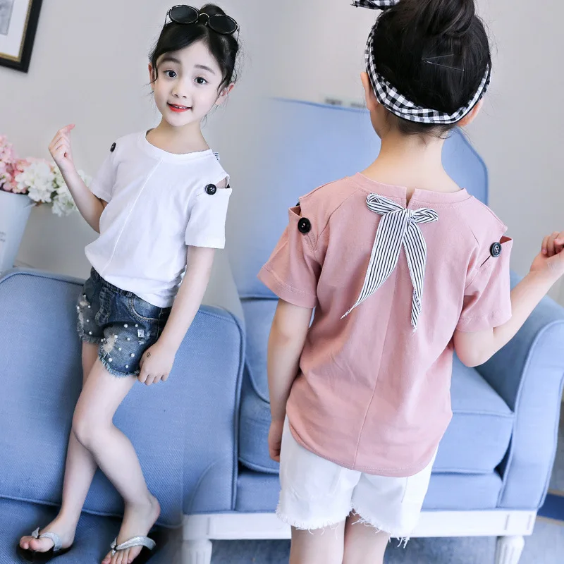 

Girls T Shirts for Children Summer 2019 Cotton Bow Pattern Clothes Kids Short Sleeve Pure Color Tshirts Teenage Tee Blouse Shirt