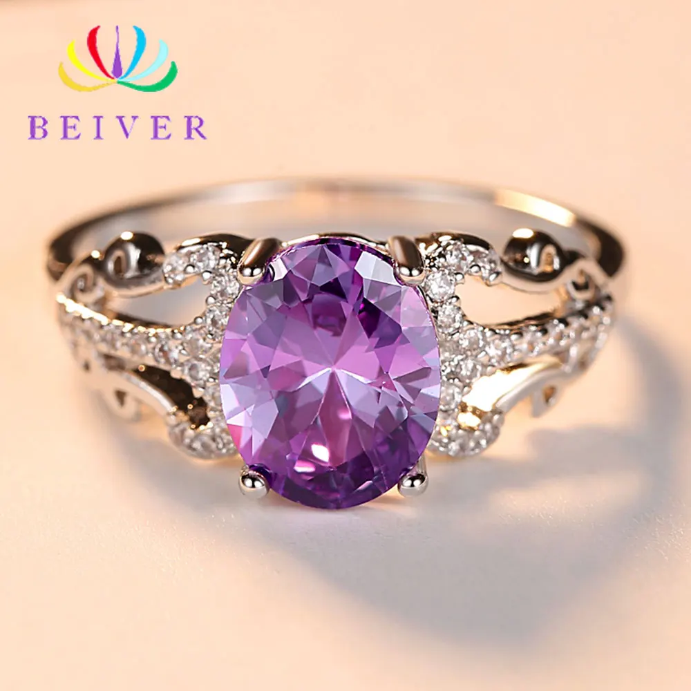 

2019 New Arrivals Fashion Purple Oval AAA Cubic Zirconia Rings for Women White Gold Color Party Jewelry Beiver