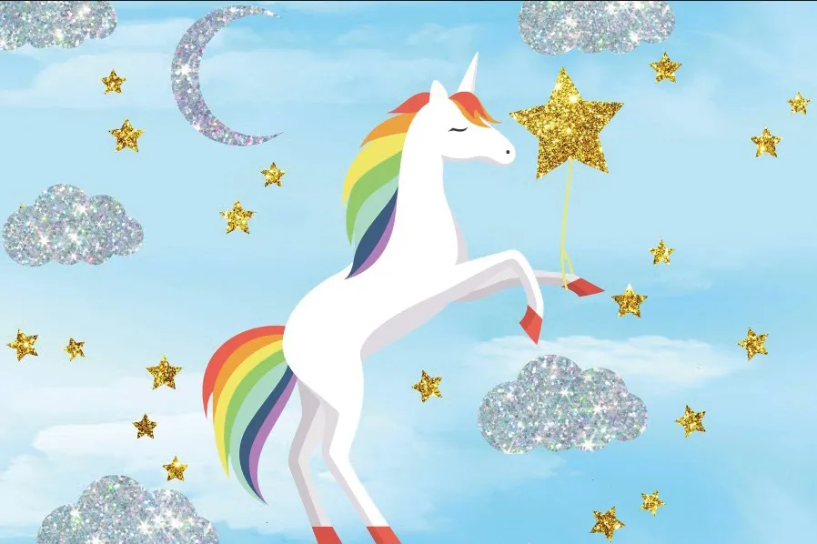 

Laeacco Unicorn Birthday Party Backgrounds Golden Star Rainbow Silver Cloud Moon Baby Shower Photography Backdrops Photo Studio