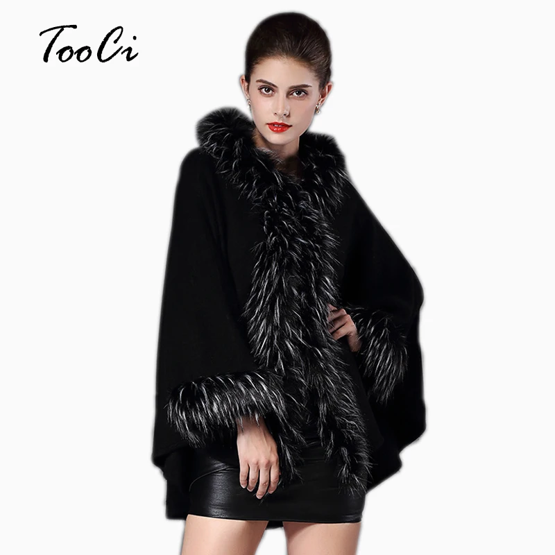 

High Quality Hooded Coat Women Warm Faux Fur Coat Long Knitted Poncho Cape Cloak Wool Cashmere Sweater Women's Cardigan Coat