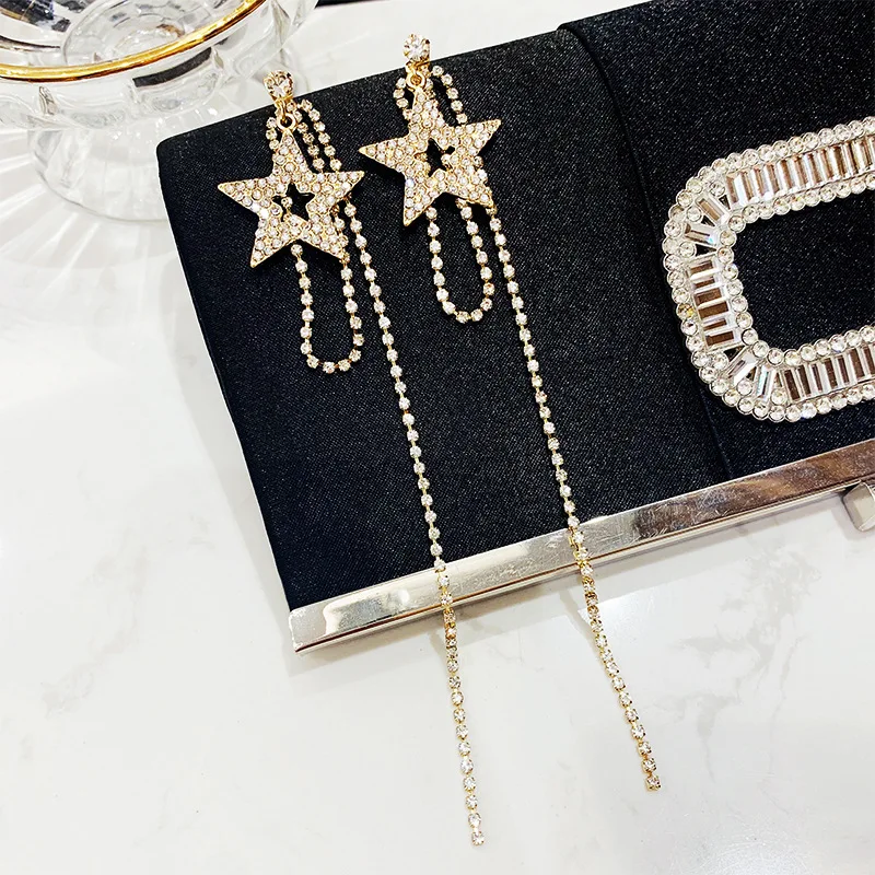 Dominated personality exaggerated crystal Star fashion Women temperament long metal tassel Drop earrings
