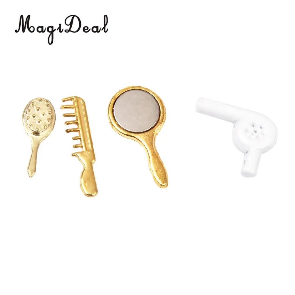 MagiDeal 4Pcs/Set 1/12 Dollhouse Miniature Comb Hair Dryer Mirror for Dolls Bathroom Accessories Children Toys