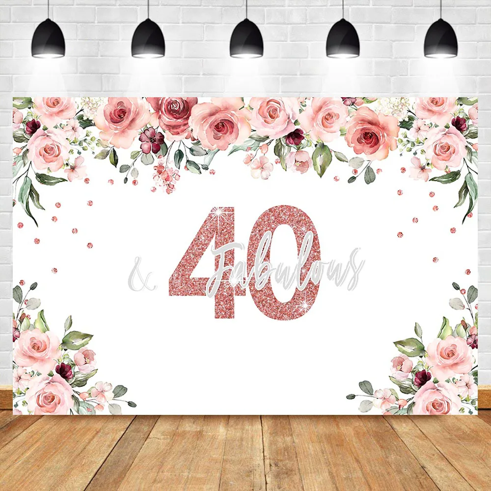 

NeoBack 40th Birthday Photography Background Watercolor Flower Forty Birthday Party Banner Rose Gold Custom Photo Backdrops