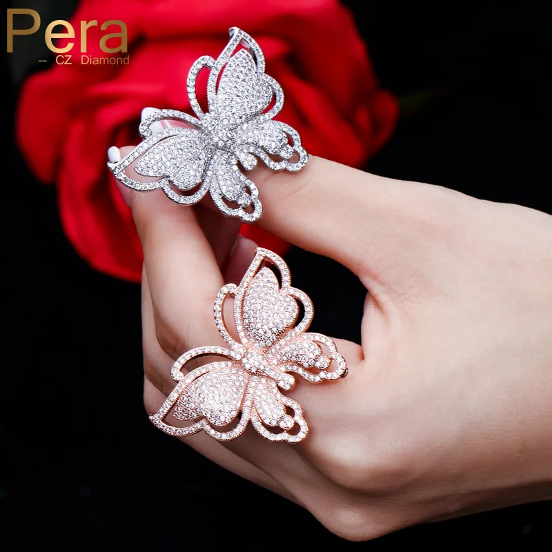 

Pera Luxury Prom Party AAA+ Mirco Pave Cubic Zirconia Rings Jewelry Accessories Big Butterfly Shape Finger Ring For Women R078