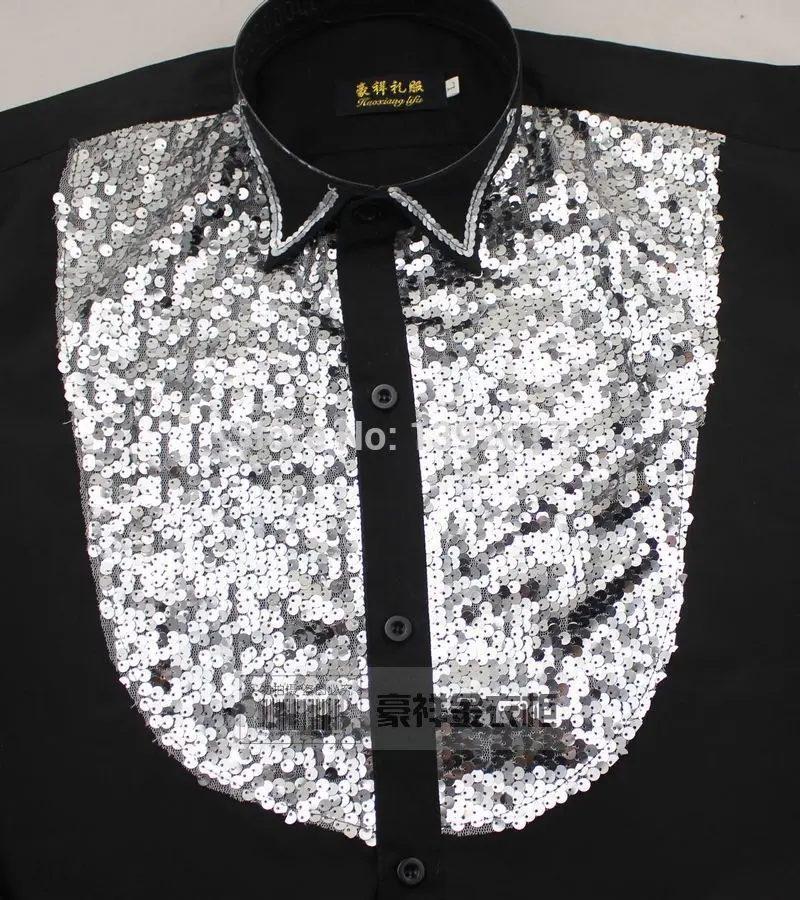 Men Sequins Black/Golden Tuxedo Shirt