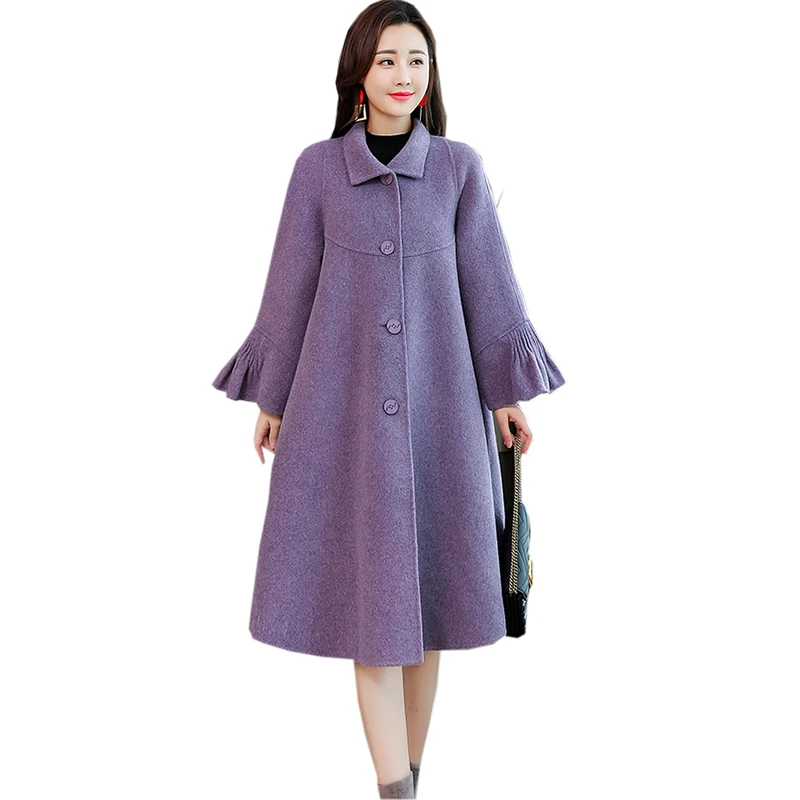

Autumn Winter Woolen Jackets New Female Flare Sleeve Long Woolen Blends Coat Single Breasted Loose Woolen Outwear Coats FP1424
