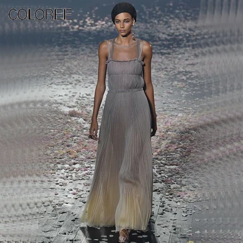 

COLOREE Runway Designer Long Dress 2019 Summer Chic Mesh Gradient Ruffles Sleeveless Pleated Dress Elegant Loose Hem Dress