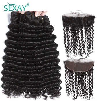 

Deep Wave Lace Frontal Closure With Bundles Sexay Peruvian Remy Human Hair Weave 3 Bundles Deal With Pre Plucked 13x4 Frontal