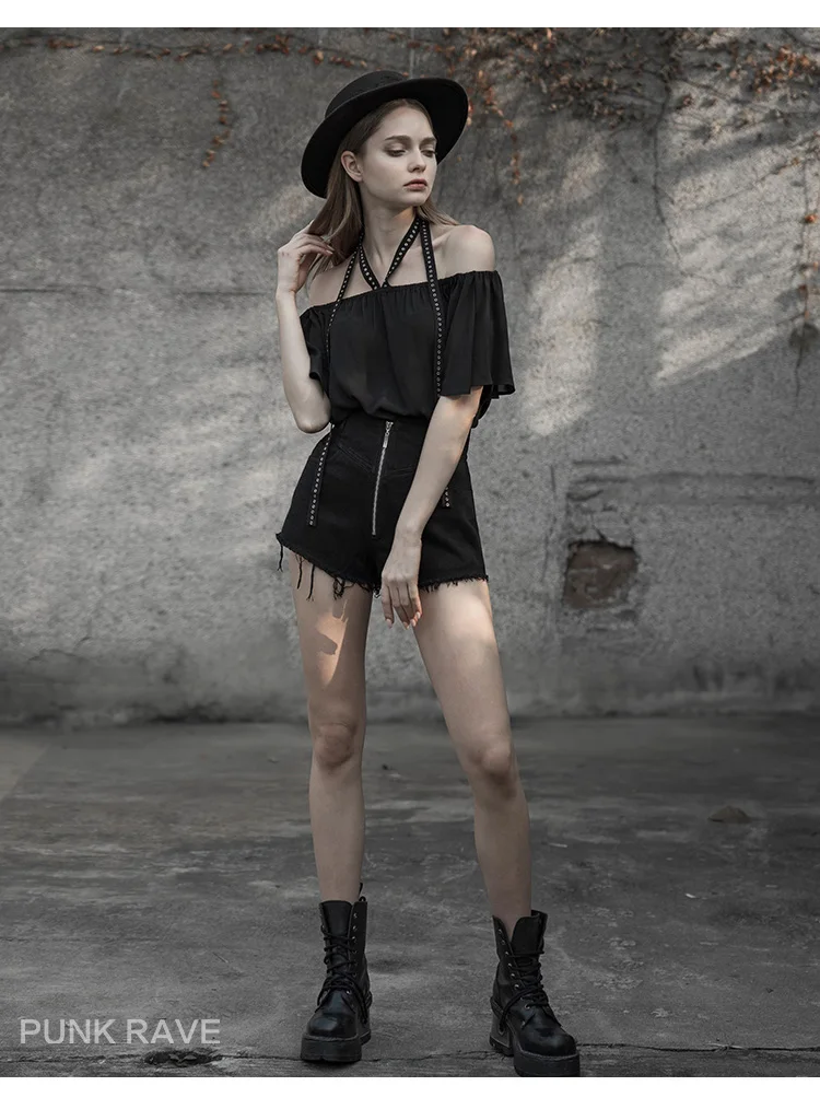 Женская летняя панковская футболка в стиле панк с коротким рукавом, модные шифоновые готические топы с вырезом лодочкой