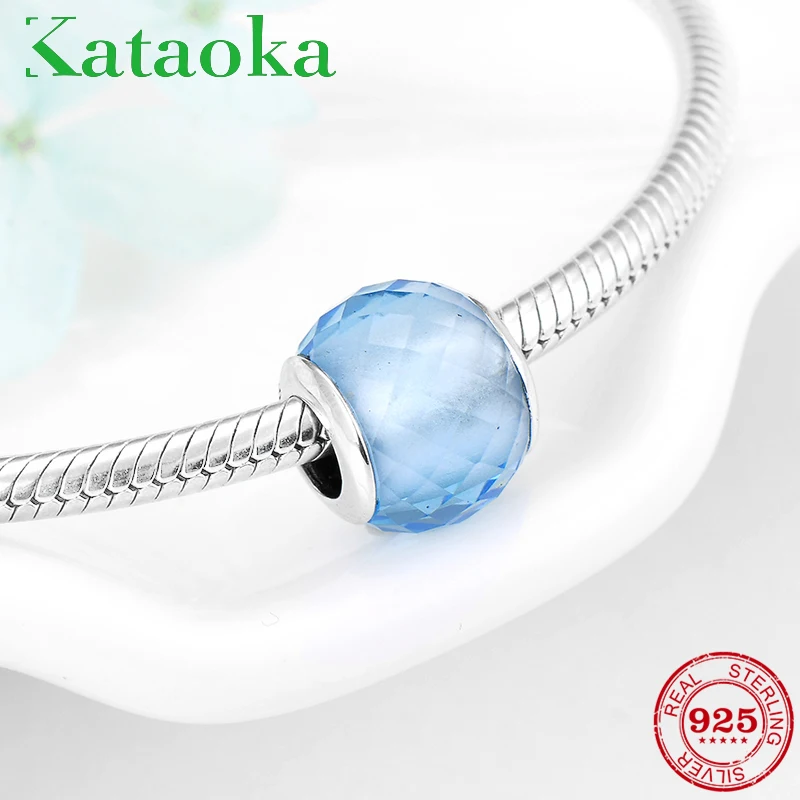 

New sky blue round shape 925 Sterling Silver Murano Glass Beads Fit Original Pandora Women Charm Bracelets & Bangles