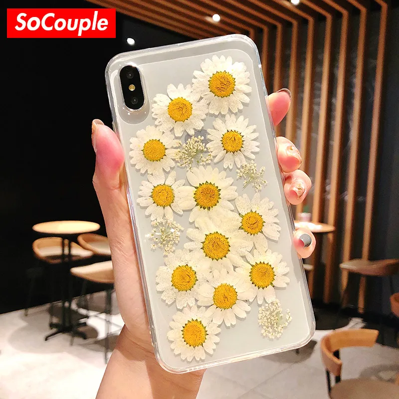 

SoCouple Real Dried Flower Cases For iPhone XS Max XR Case Handmade Clear Soft Back Cover For iPhone 7 8 6 6s Plus X Phone Case