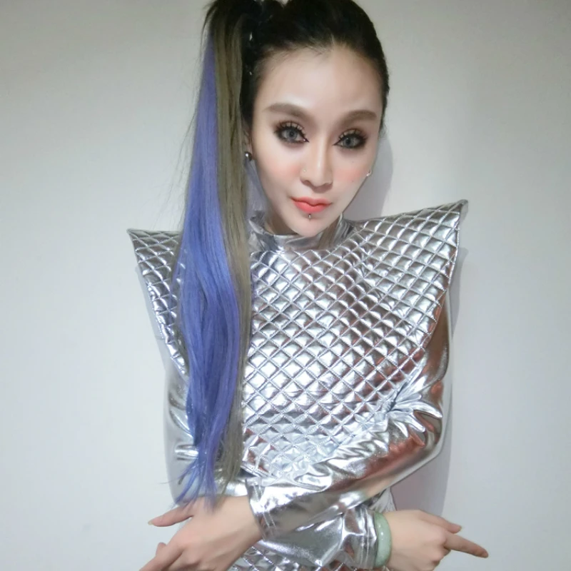 2018 DS nightclub female singer dance costumes personality exaggeration stage outfit reflective silver shiny contiguous suit