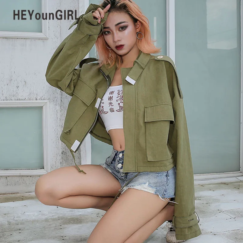 HEYounGIRL Green Casual Jacket Women Autumn Casual Cargo Bomber Jackets Female Streetwear