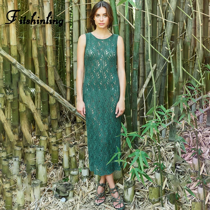 

Fitshinling Hollow out knitting beach dress bohemian sexy hot slim green pareos summer sundress holiday swimwear tanks dresses