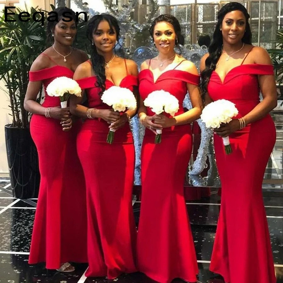 Дешевые красные стрейч, атласный, длинный платье подружки невесты в стиле русалки сексуальные с открытыми плечами подружки невесты платья вечерние для женщин