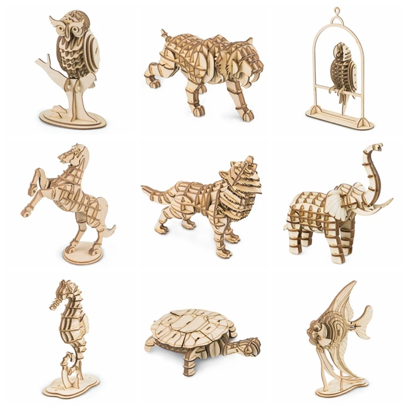 

Rolife 20 Types Home Decor Figurine Laster Cutting DIY Crafts Wooden Miniature Animal Model Car Ornament for Gift for Kids TG