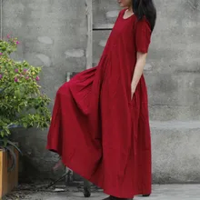 Johnature, женские новые оригинальные платья с коротким рукавом, однотонное Плиссированное винтажное длинное хлопковое платье длиной до лодыжки с круглым вырезом