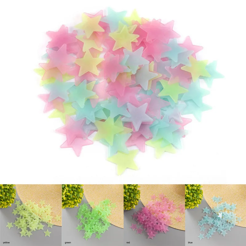 

100 Pcs Luminous Fluorescent Bedroom Ceiling PVC Wall Stickers Home Decor Glow 3D Stars Luminous luminous glow sticker color